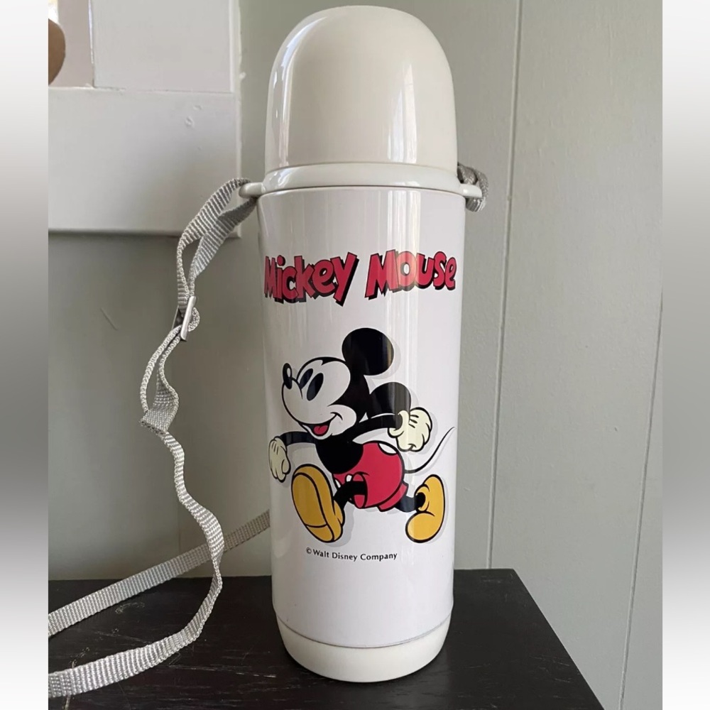 Vinage Zojirushi Mickey Mouse Thermos Hot Cold Bottle w Strap Made in Japan Rare
